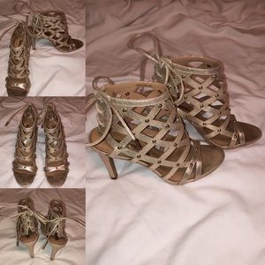 Open Toe Gold Bling Heel with Lace-Up Back